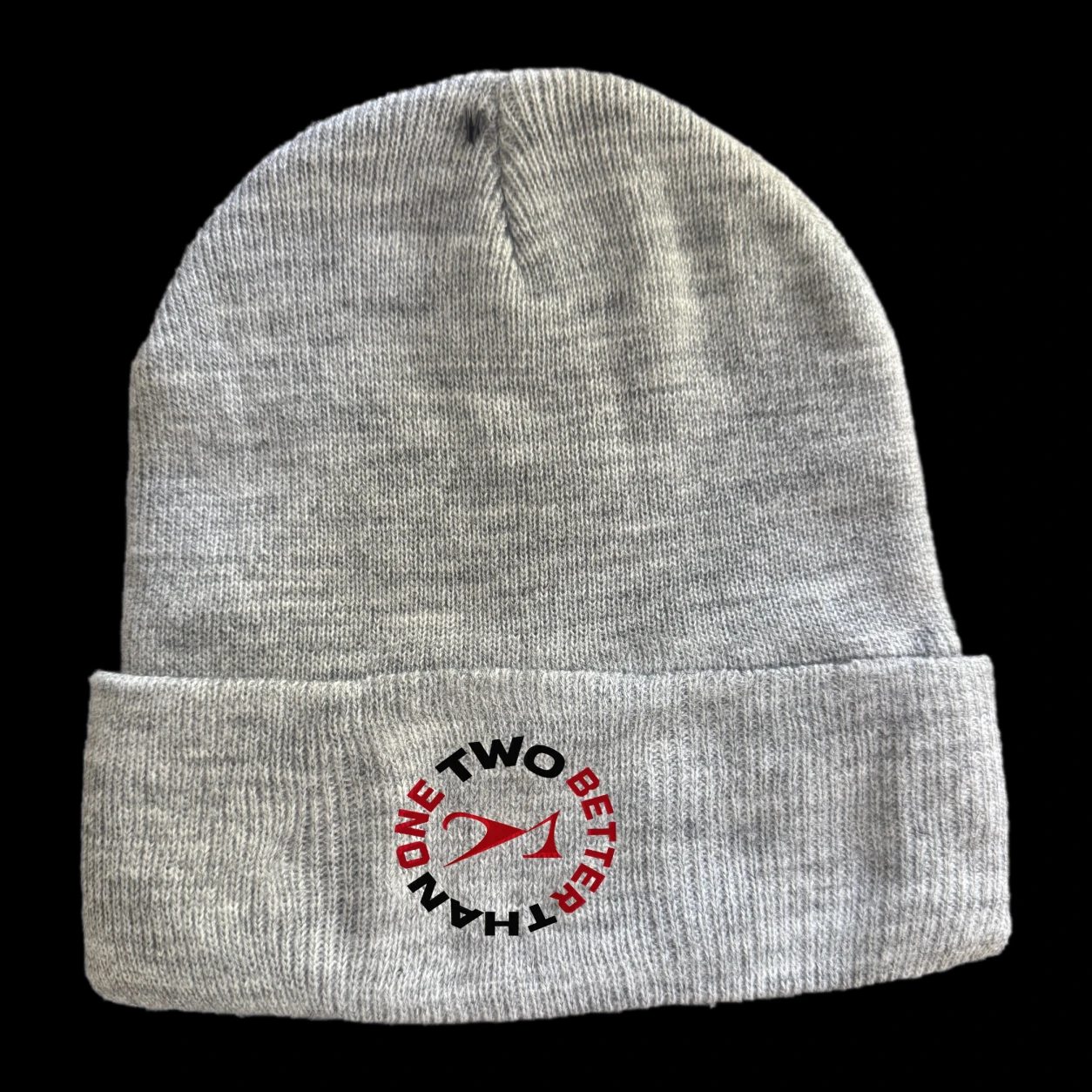 Gray 2>1 beanie with Two Better Than One badge