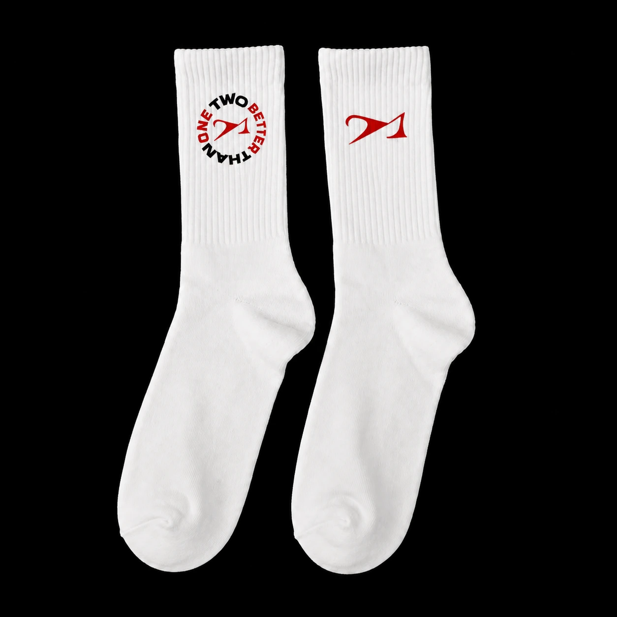 White 2BT1 socks with Two Better Than One and red mark